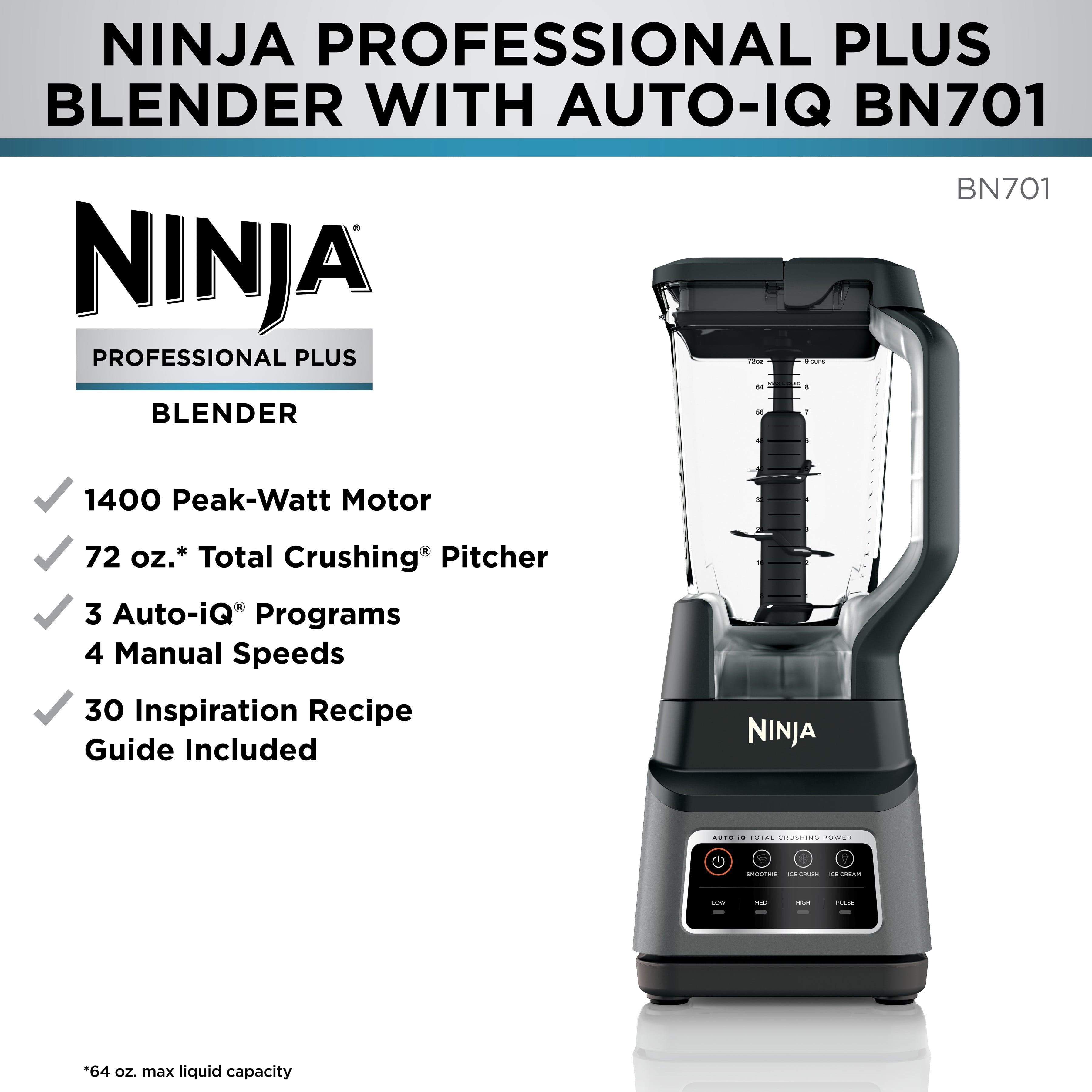 Ninja Professional Plus Blender, Smoothies, Ice Crush with 2 Auto-iQ Preset Programs, 1200W, 72 Oz, BN700 Black