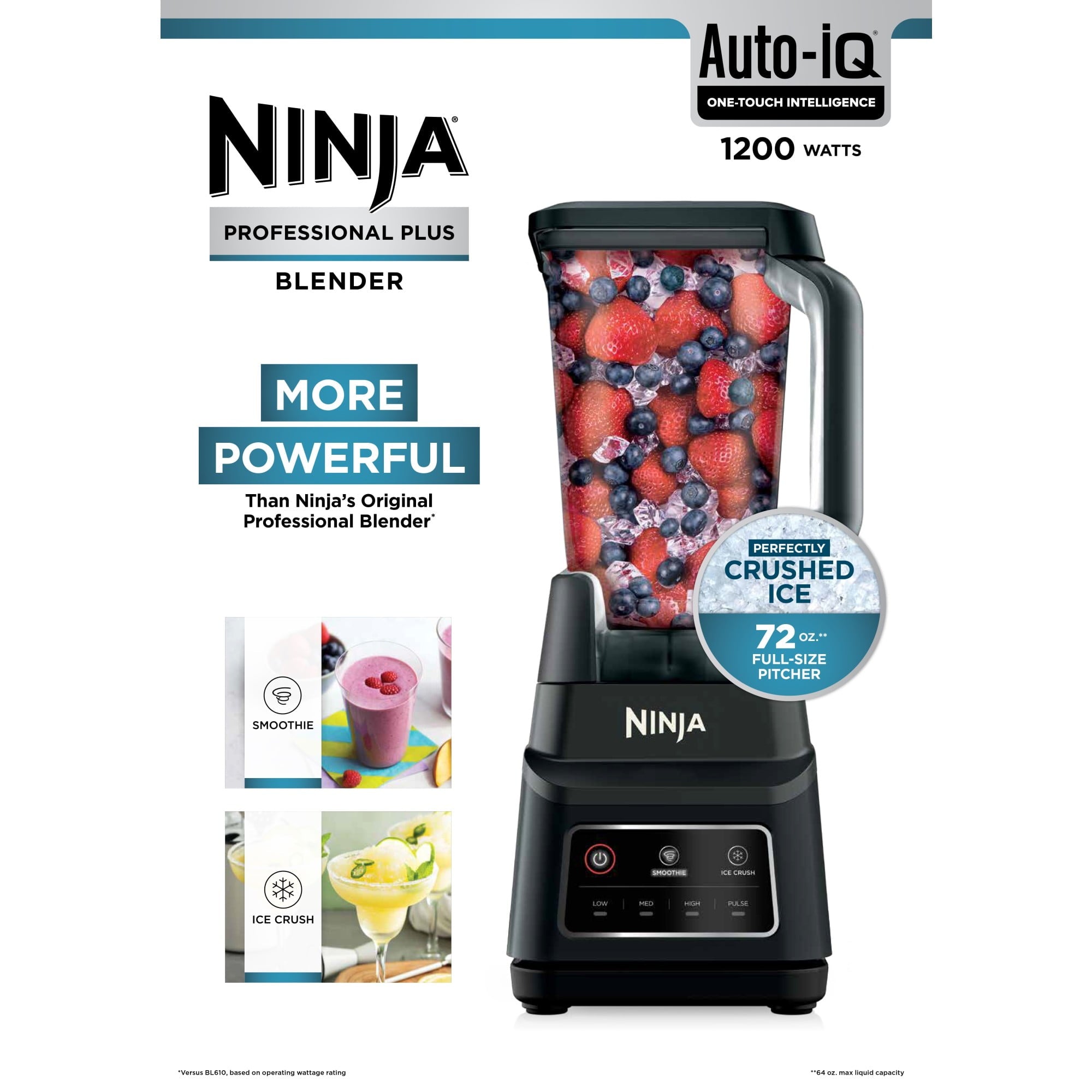 Ninja Professional Plus Blender, Smoothies, Ice Crush with 2 Auto-iQ Preset Programs, 1200W, 72 Oz, BN700 Black