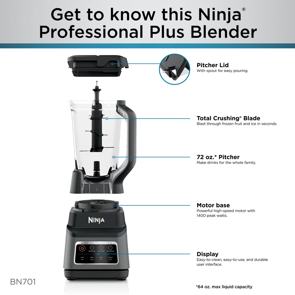 Ninja Professional Plus Blender, Smoothies, Ice Crush with 2 Auto-iQ Preset Programs, 1200W, 72 Oz, BN700 Black
