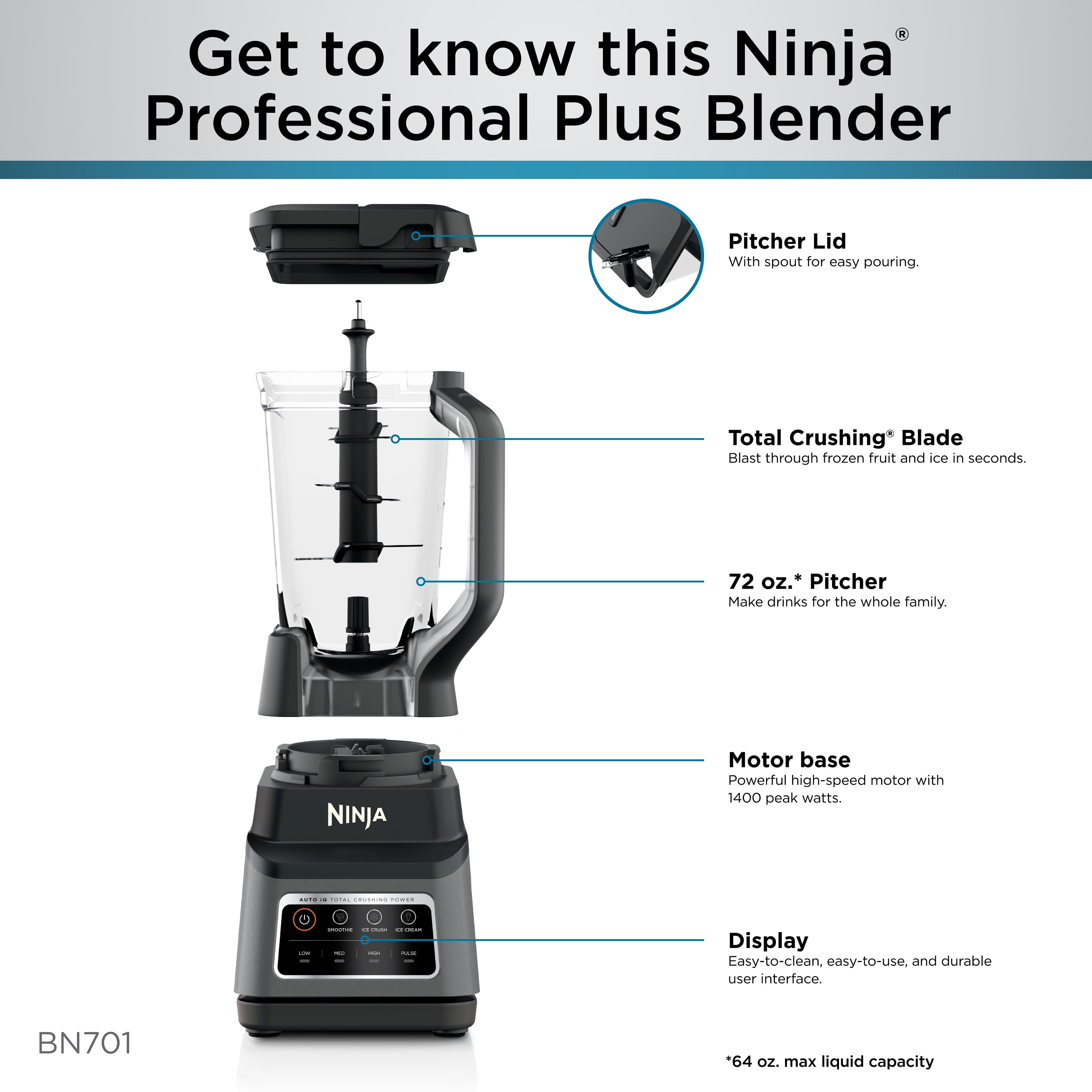 Ninja Professional Plus Blender, Smoothies, Ice Crush with 2 Auto-iQ Preset Programs, 1200W, 72 Oz, BN700 Black